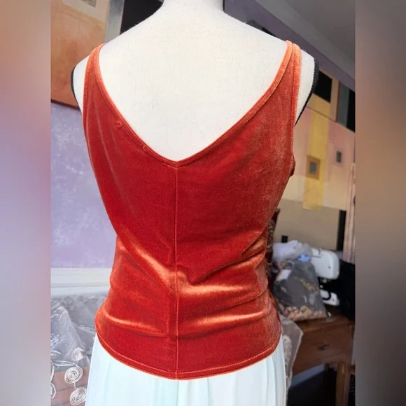 Striking Burnt Orange Velvet Cowl Neck Drape Top